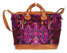 Load image into Gallery viewer, MoonLake Designs Augustina weekender bag in tan leather with beautiful handwoven huipil art