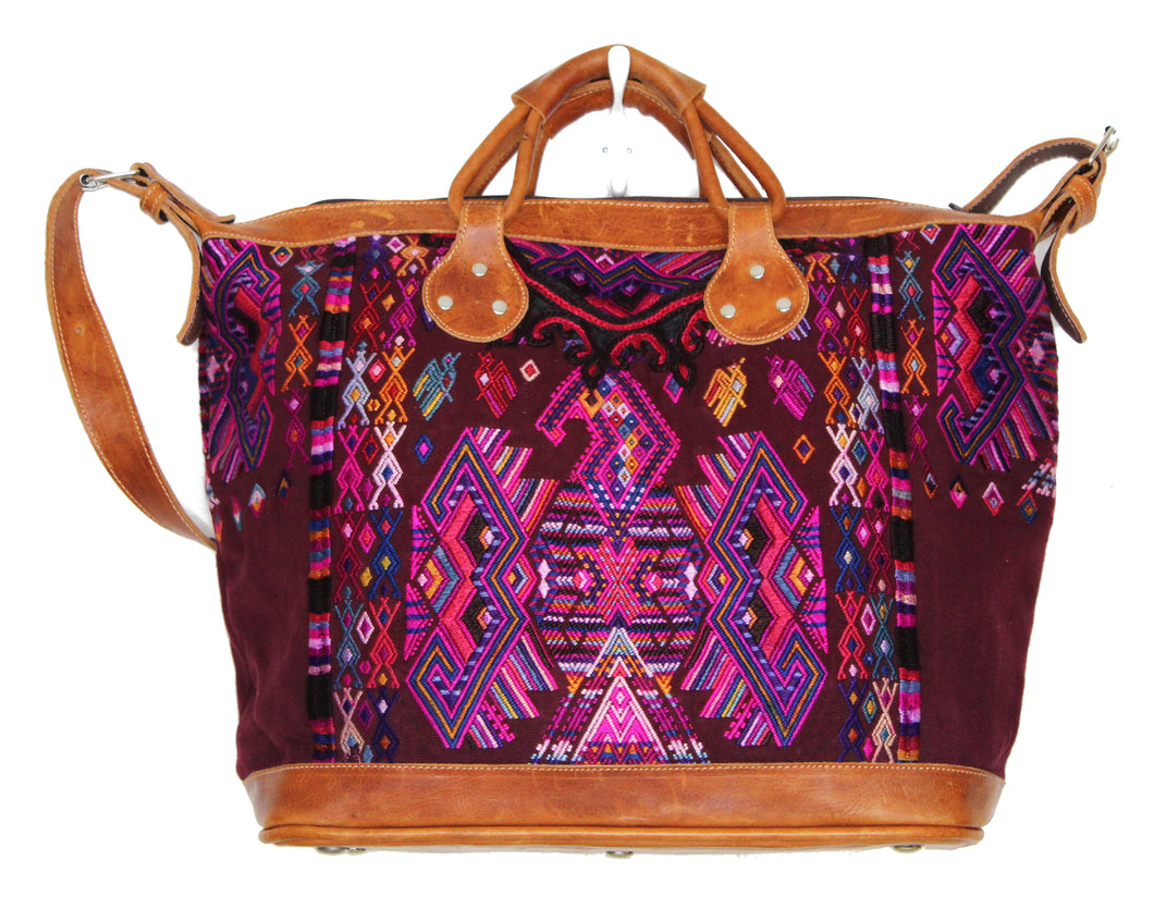 MoonLake Designs Augustina weekender bag in tan leather with beautiful handwoven huipil art