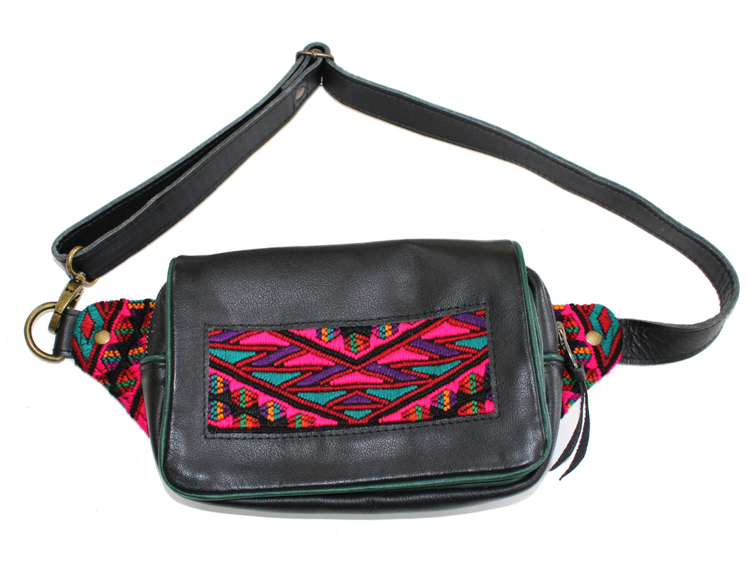 MoonLake Designs Hip Belt in handcrafted black leather with green leather trim