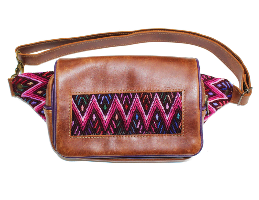 MoonLake Designs Hip Belt in handcrafted medium tan leather with purple leather trim