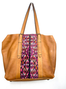 MoonLake Designs Canasta Large 2 in 1 Tote Bag in Pear Tan with pink huipil design on front