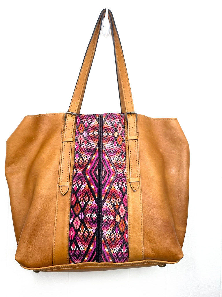 MoonLake Designs Canasta Large 2 in 1 Tote Bag in Pear Tan with pink huipil design on front
