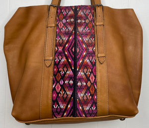 MoonLake Designs Canasta Large 2 in 1 Tote Bag in Pear Tan with pink huipil design on front close up view