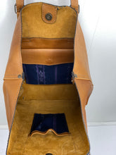 Load image into Gallery viewer, MoonLake Designs Canasta Large 2 in 1 Tote Bag interior view of Pear Tan rough out leather interior with blue magnetic and open pockets