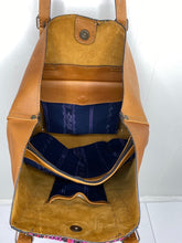 Load image into Gallery viewer, MoonLake Designs Canasta Large 2 in 1 Tote Bag interior view of Pear Tan rough out leather interior with removable center compartment in blue huipil