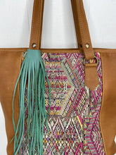 Load image into Gallery viewer, MoonLake Designs handmade unique Carmela Small Everyday Tote in Pear Tan Leather – close up view of intricate hand woven huipil design