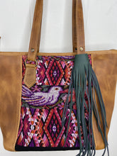 Load image into Gallery viewer, MoonLake Designs handmade unique Carmela Small Everyday Tote in Pear Tan Leather – close up of huipil design
