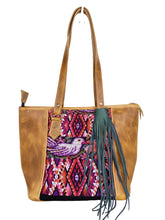 Load image into Gallery viewer, MoonLake Designs handmade unique Carmela Small Everyday Tote in Light Tan Leather with handwoven huipil design featuring birds flowers and patterns and removable dark green leather tassel