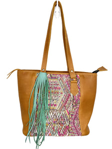 MoonLake Designs handmade unique Carmela Small Everyday Tote in Pear Tan Leather with intricate huipil design and removable teal leather tassel
