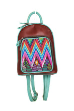 Load image into Gallery viewer, Petite small cute backpack purse in red brown leather and teal leather straps and accent. It has double zipper openings. Front pocket has storage for pens and credit cards. Main compartment has two open pockets and a zipper pocket.