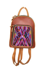 Load image into Gallery viewer, Petite small cute backpack purse in red brown leather and pear leather straps and accents.. It has double zipper openings. Front pocket is eye catching with a geometric purple, black, pink and pear yellow textile. this pocket has storage for pens and credit cards. Main compartment has two open pockets and a zipper pocket.