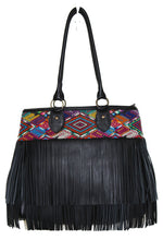 Load image into Gallery viewer, MoonLake Bags Ethical Fashion Brand large DEDE fringe over the shoulder bag in black leather and handwoven geometric huipil