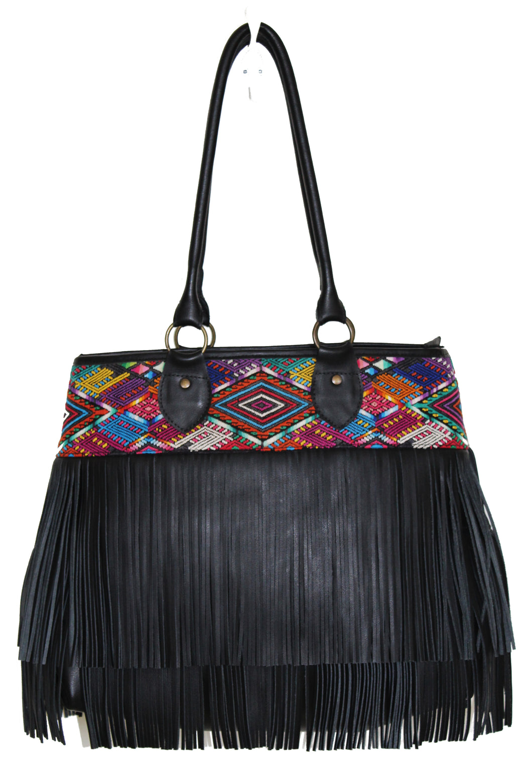 MoonLake Bags Ethical Fashion Brand large DEDE fringe over the shoulder bag in black leather and handwoven geometric huipil