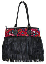 Load image into Gallery viewer, MoonLake Bags Ethical Fashion Brand large DEDE fringe over the shoulder bag in black leather and handwoven geometric huipil