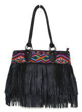 Load image into Gallery viewer, MoonLake Bags Ethical Fashion Brand large DEDE fringe over the shoulder bag in black leather and handwoven geometric huipil