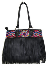 Load image into Gallery viewer, MoonLake Bags Ethical Fashion Brand large DEDE fringe over the shoulder bag in black leather and handwoven geometric huipil