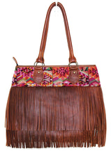 Load image into Gallery viewer, MoonLake Bags Ethical Fashion Brand medium DEDE fringe over the shoulder bag in dark tan leather and handwoven geometric huipil