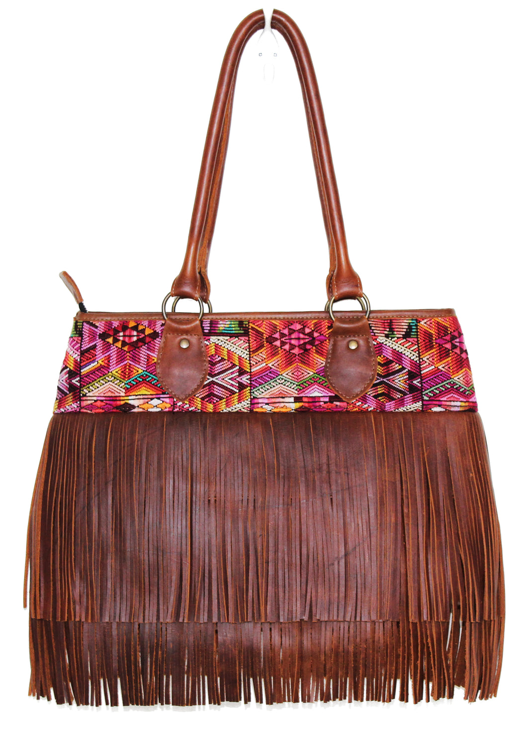 MoonLake Bags Ethical Fashion Brand medium DEDE fringe over the shoulder bag in dark tan leather and handwoven geometric huipil