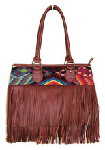 Load image into Gallery viewer, MoonLake Bags Ethical Fashion Brand medium DEDE fringe over the shoulder bag in red brown leather and handwoven geometric huipil