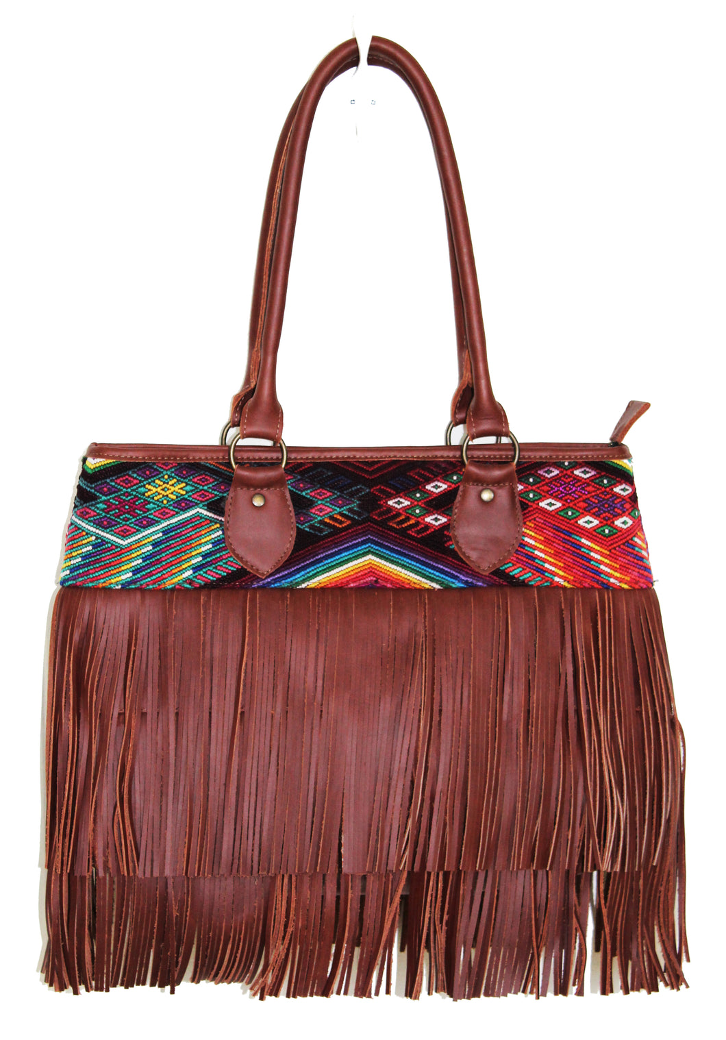 MoonLake Bags Ethical Fashion Brand medium DEDE fringe over the shoulder bag in red brown leather and handwoven geometric huipil