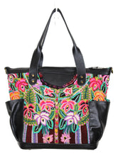 Load image into Gallery viewer, MoonLake Designs Elena medium convertible day bag in handcrafted black leather with handwoven floral huipil design in pinks, purples, oranges, and green
