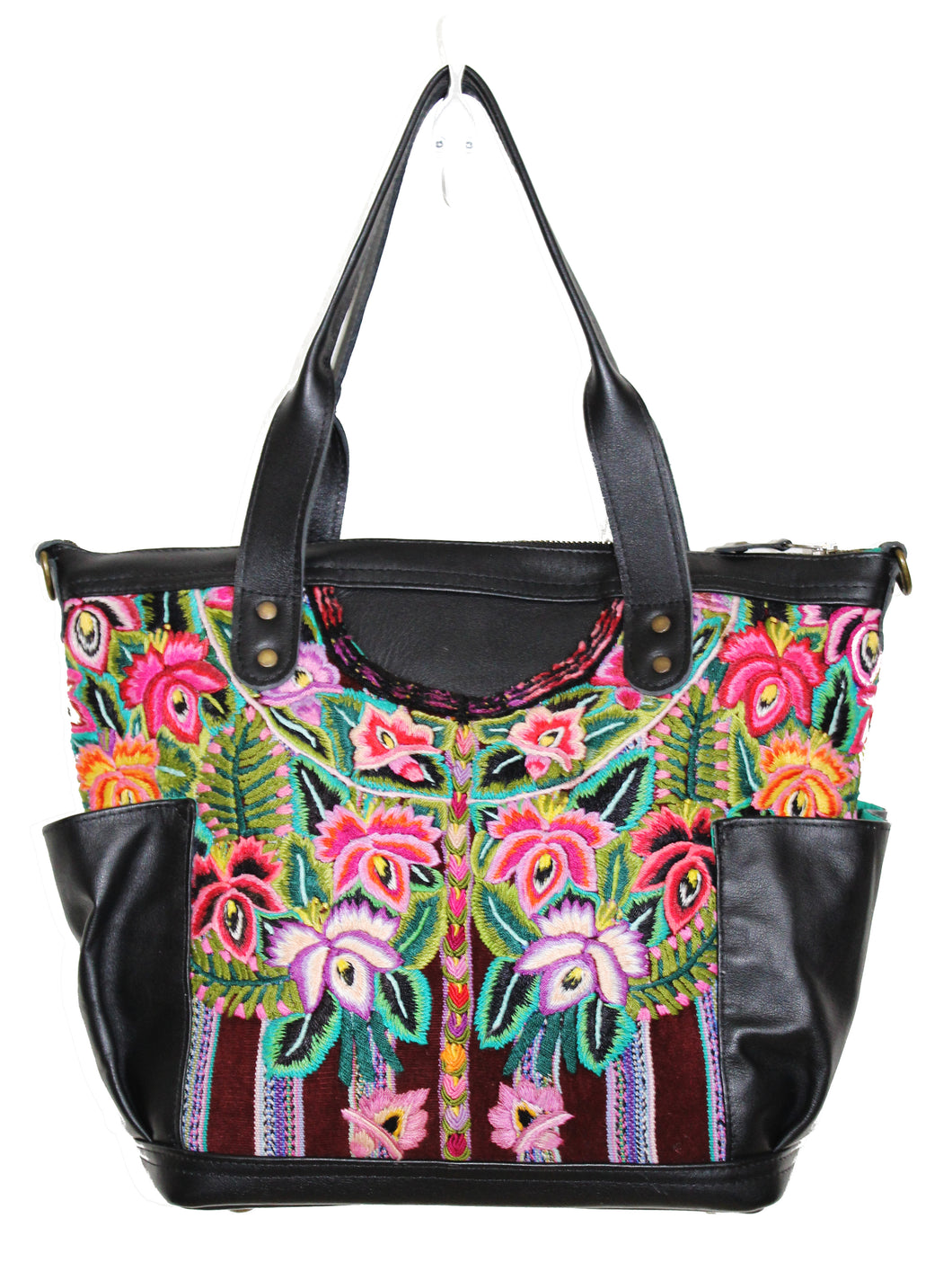 MoonLake Designs Elena medium convertible day bag in handcrafted black leather with handwoven floral huipil design in pinks, purples, oranges, and green