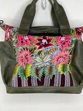 Load image into Gallery viewer, Close up of MoonLake Designs Elena flower huipil design including pinks, greens, and yellow