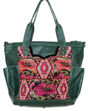 Load image into Gallery viewer, MoonLake Designs Elena medium convertible day bag in dark green leather with eye catching geometric and floral handwoven huipil