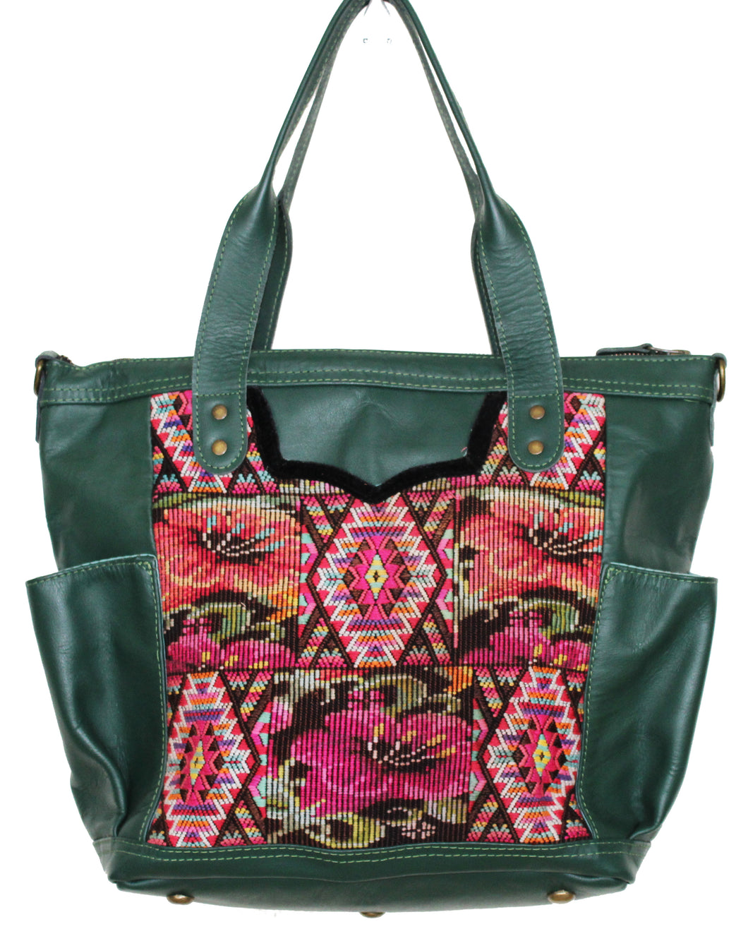 MoonLake Designs Elena medium convertible day bag in dark green leather with eye catching geometric and floral handwoven huipil