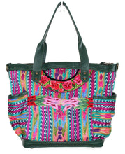 Load image into Gallery viewer, MoonLake Designs Elena medium convertbile day bag in dark green leather and handwoven floral and geometric huipil in pinks, greens, and blues