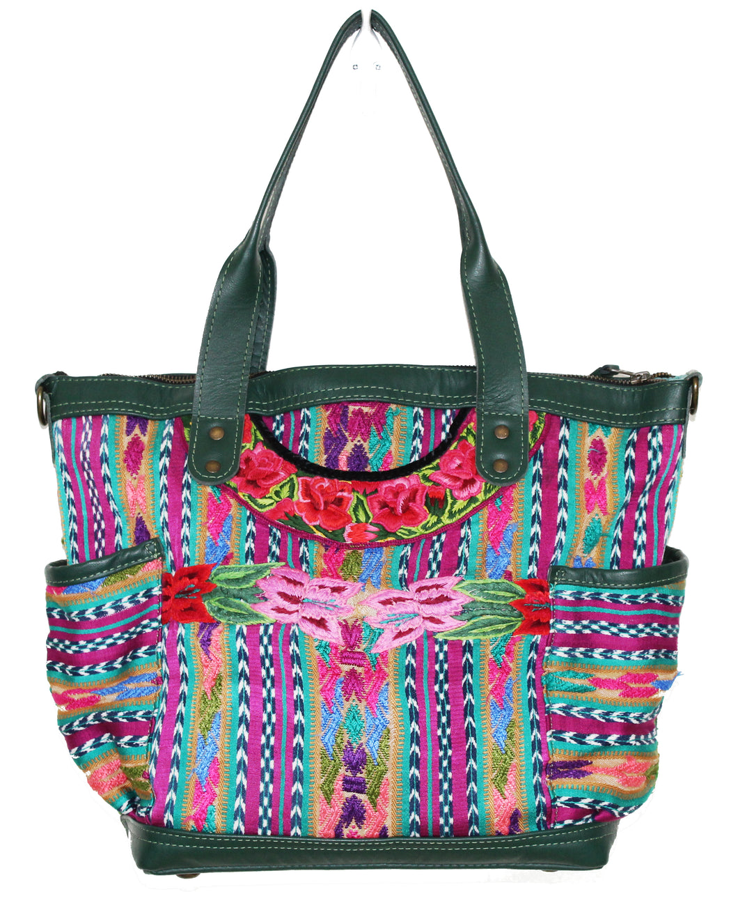 MoonLake Designs Elena medium convertbile day bag in dark green leather and handwoven floral and geometric huipil in pinks, greens, and blues