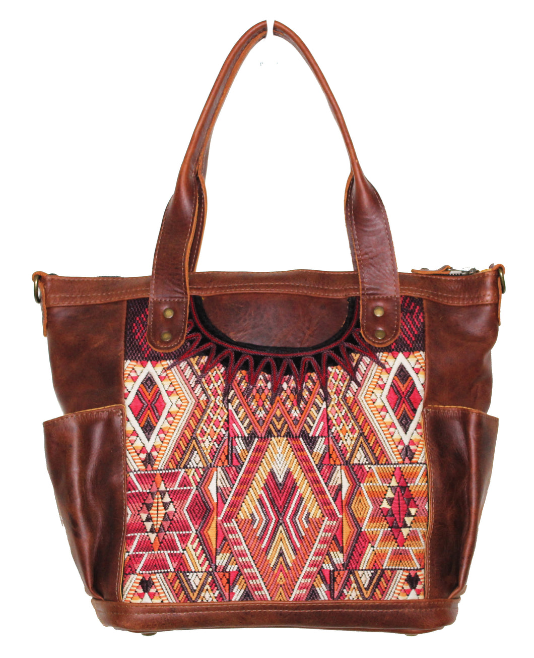 MoonLake Designs Elena medium convertible day bag in dark tan leather with mayan handwoven huipil in sunset colors