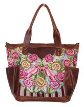 Load image into Gallery viewer, MoonLake Designs Elena medium convertible day bag in dark tan leather with handwoven floral and wildlife huipil design. 