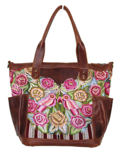 MoonLake Designs Elena medium convertible day bag in dark tan leather with handwoven floral and wildlife huipil design. 