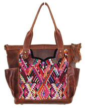 Load image into Gallery viewer, MoonLake Designs Elena medium convertible day bag in dark tan leather with eye catching geometric handwoven huipil