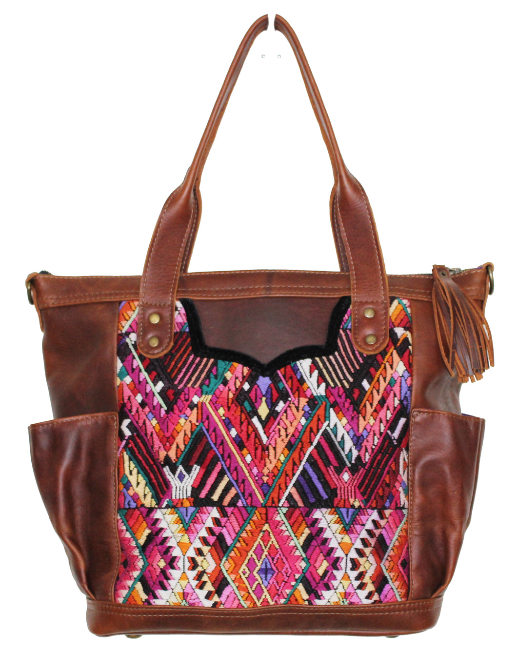 MoonLake Designs Elena medium convertible day bag in dark tan leather with eye catching geometric handwoven huipil
