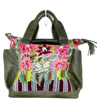 Load image into Gallery viewer, MoonLake Designs Elena Medium Convertible Day bag in dark green leather with beautiful handwoven flowers huipil design
