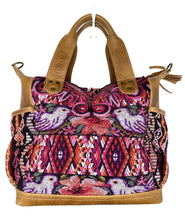 Load image into Gallery viewer, MoonLake Designs Elena Medium Convertible Day bag in light tan leather with beautiful handwoven traditional huipil design featuring birds, flowers, and a diamond pattern