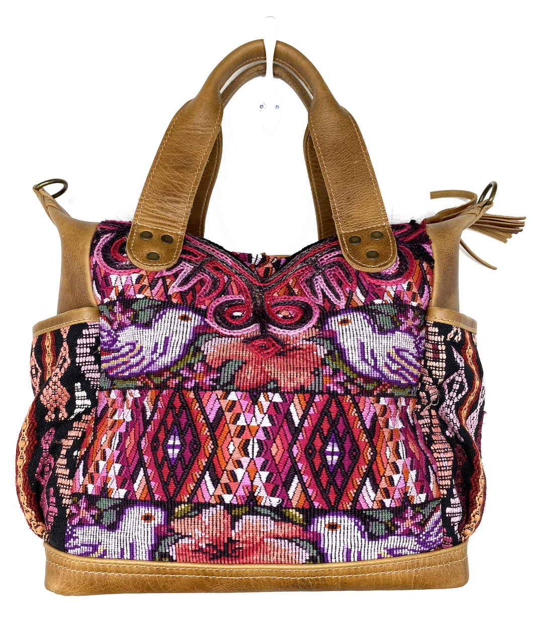 MoonLake Designs Elena Medium Convertible Day bag in light tan leather with beautiful handwoven traditional huipil design featuring birds, flowers, and a diamond pattern