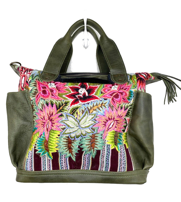 MoonLake Designs Elena Medium Convertible Day bag in dark green leather with beautiful handwoven flowers huipil design