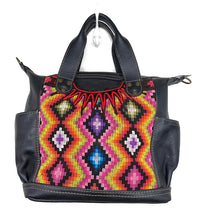 Load image into Gallery viewer, MoonLake Designs Elena Medium Convertible Day bag in black leather with beautiful handwoven traditional geometric huipil design in warm colors including pink, orange, purple, red, and yellow 