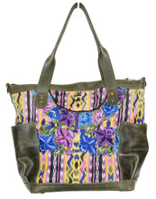 Load image into Gallery viewer, MoonLake Designs Elena medium convertible day bag in green leather and beautiful handwoven floral and geometric huipil in blues, greens, yellow, and purple
