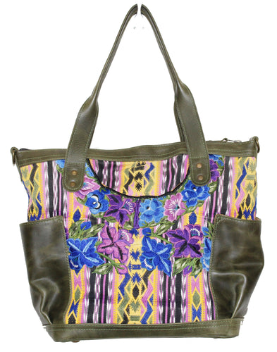 MoonLake Designs Elena medium convertible day bag in green leather and beautiful handwoven floral and geometric huipil in blues, greens, yellow, and purple