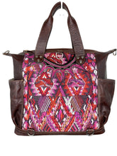 Load image into Gallery viewer, MoonLake Designs handmade Gabriella Large Convertible Day Bag in Textured Dark Chocolate Leather with interior leather pocket and multi-color handwoven huipil designs including pinks purples and reds