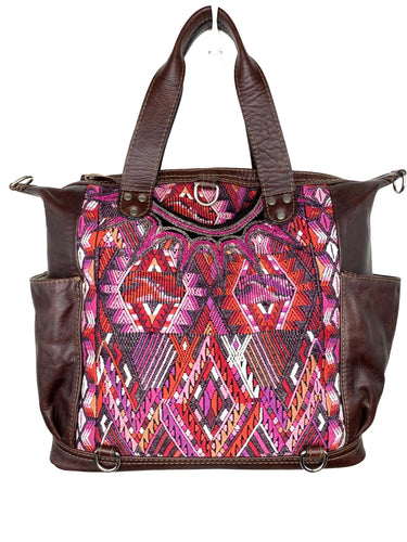 MoonLake Designs handmade Gabriella Large Convertible Day Bag in Textured Dark Chocolate Leather with interior leather pocket and multi-color handwoven huipil designs including pinks purples and reds
