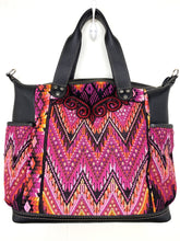 Load image into Gallery viewer, MoonLake Designs handmade Gabriella Large Convertible Day Bag in Black Leather with textile pocket and multi-color handwoven huipil design in warm colors