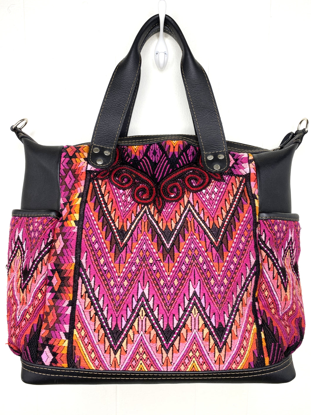 MoonLake Designs handmade Gabriella Large Convertible Day Bag in Black Leather with textile pocket and multi-color handwoven huipil design in warm colors