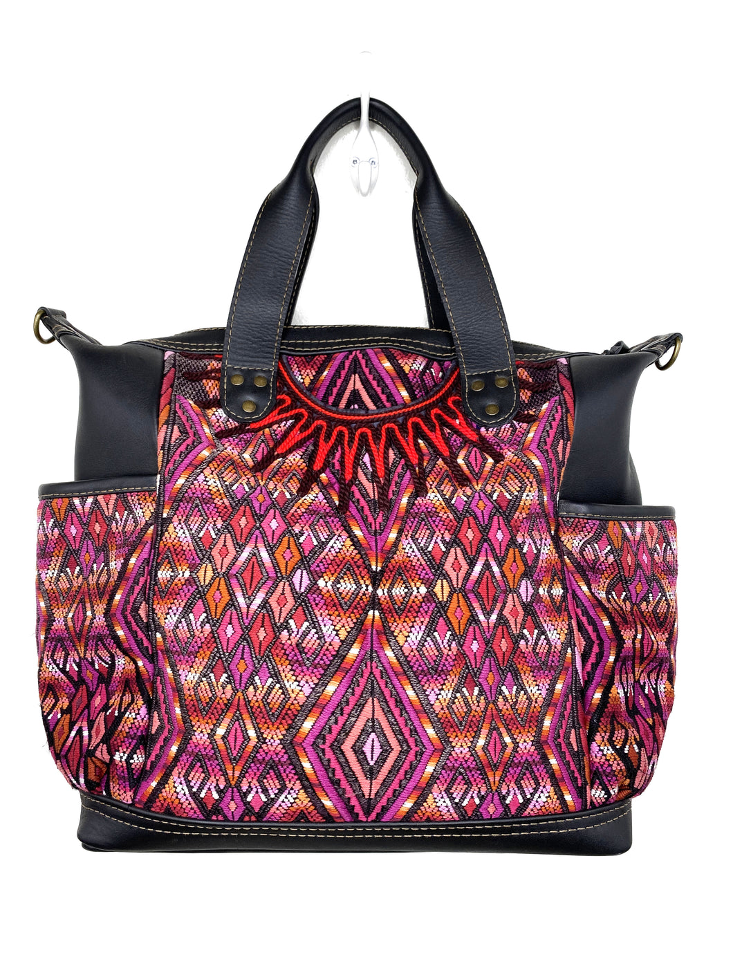 MoonLake Designs handmade Gabriella Large Convertible Day Bag in Black Leather with textile pocket and multi-color handwoven huipil design in warm colors