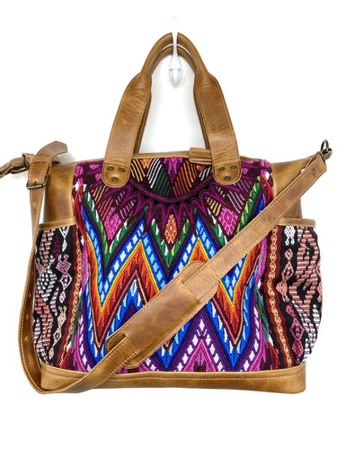 MoonLake Designs handmade Gabriella Large Convertible Day Bag in Light Tan Leather with textile pocket and multi-color handwoven huipil designs including pinks blue and orange with removable and adjustable crossbody strap and drop handles