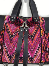 Load image into Gallery viewer, MoonLake Designs handmade Gabriella Large Convertible Day Bag close up view of removable backpack straps and huipil design